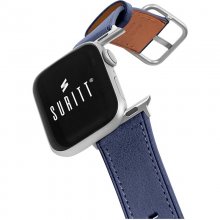 Suritt Rio Correa de Piel/Cuero Azul con Adaptadores Plateados para Apple Watch 42/44mm