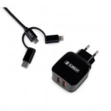 Subblim Cargador 2xUSB 2.4A + Cable 3 en 1 MicroUSB/USB-C/Lightning Negro en PcComponentes