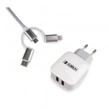 Subblim Cargador 2xUSB 2.4A + Cable 3 en 1 MicroUSB/USB-C/Lightning Blanco en PcComponentes