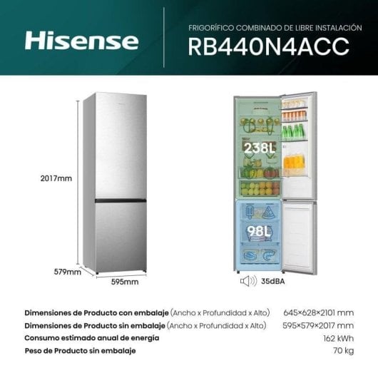 Frigorífico Combi Hisense RB440N4ACC No Frost 201cm 336L C Inox LED