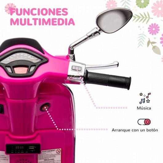 Aiyaplay icencia Vespa Moto Eléctrica Para Niños De +3 Años Con Rosa
