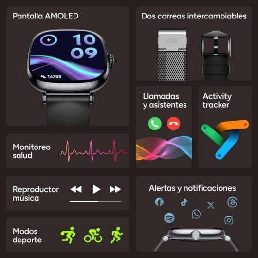 Ksix Smartwatch Iria Bluetooth 43mm AMOLED Noir Gris IP68 SpO2 Pulsomètre Appels