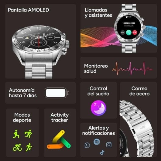 Ksix Elite Bluetooth 46mm AMOLED Acciaio Inossidabile Autonomia 7 Giorni IP67 SpO2 Cardiofrequenzimetro Monitor Sonno