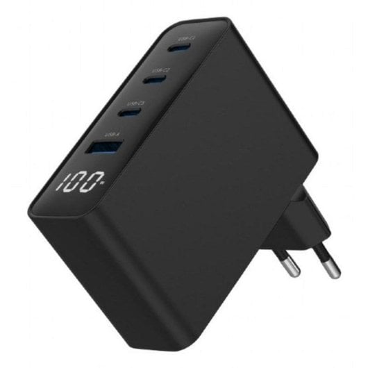 Gembird TA-UC-PDQC100LCD-01-BK 100W GaN Schnellladegerät mit 4 USB-Ports und LCD – Schwarz