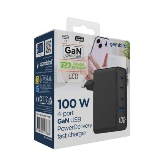 Gembird TA-UC-PDQC100LCD-01-BK 100W GaN Schnellladegerät mit 4 USB-Ports und LCD – Schwarz