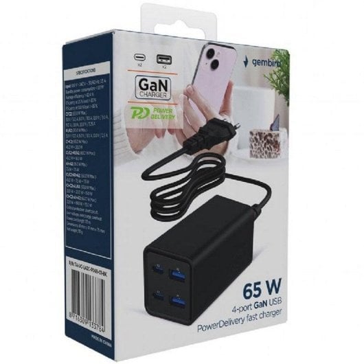 Gembird Cargador rápido USB PowerDelivery GaN 65 W 4 Portas USB-C/USB-A Preto