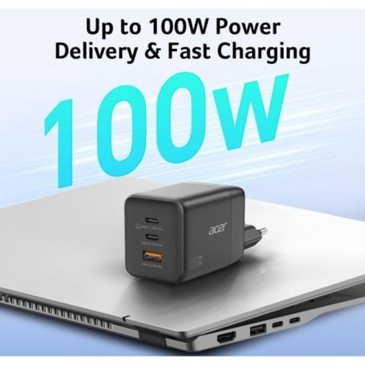 Chargeur GaN Acer 100W 2x USB-C 1x USB-A noir câble 1,5 m charge rapide