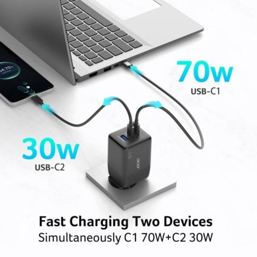 Chargeur GaN Acer 100W 2x USB-C 1x USB-A noir câble 1,5 m charge rapide