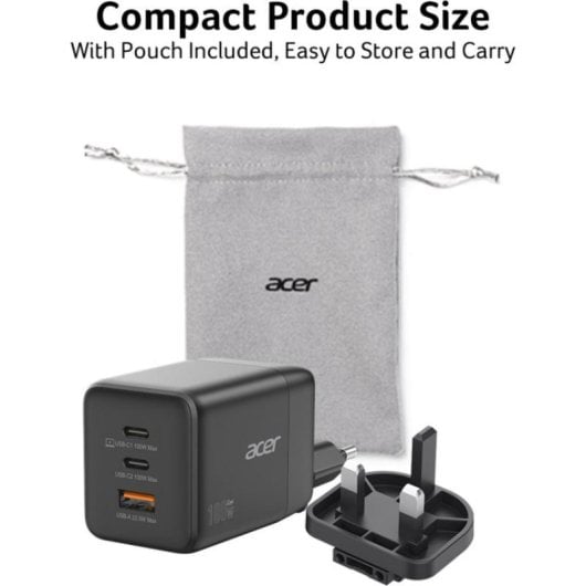 Chargeur GaN Acer 100W 2x USB-C 1x USB-A noir câble 1,5 m charge rapide