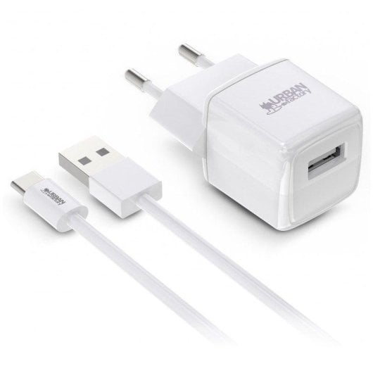 Urban Factory Powee Cargador USB-A 12W con Cable USB-C 1m Blanco Lacado