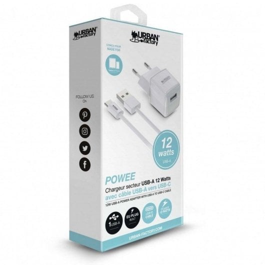 Urban Factory Powee Cargador USB-A 12W con Cable USB-C 1m Blanco Lacado