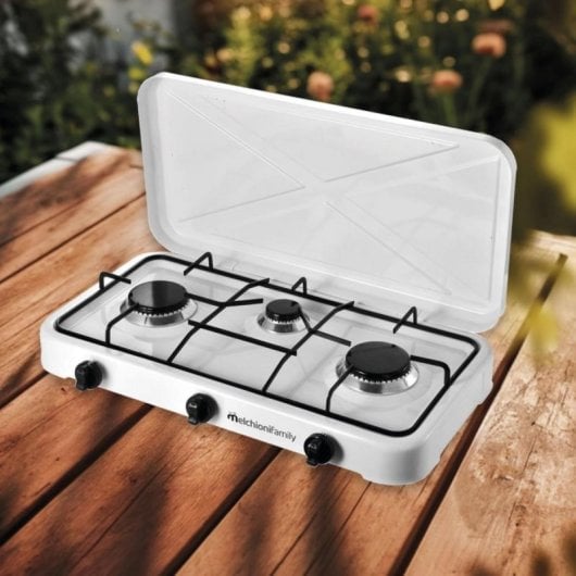 Hornillo a gas Melchioni Family Minerva New 3 portátil 3 quemadores blanco exterior