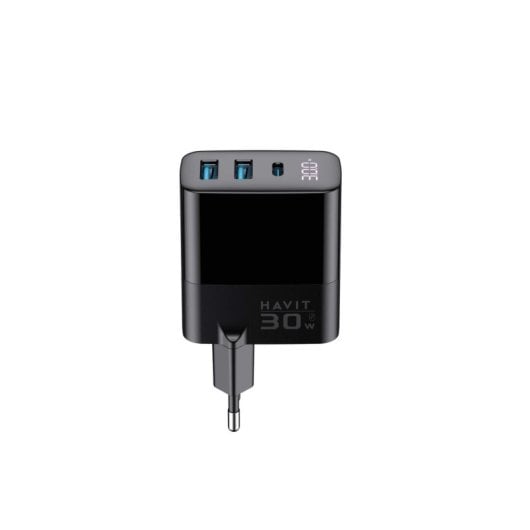 Cargador Havit 6939119068677 GaN 30W USB-C y USB-A carga rápida negro