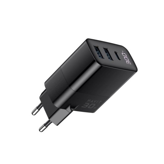 Cargador Havit 6939119068677 GaN 30W USB-C y USB-A carga rápida negro