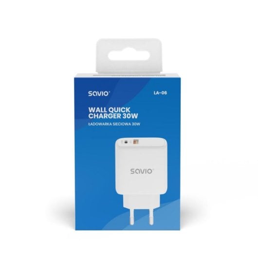 Carregador de parede Savio LA-06 USB-A e USB-C 20W Carga Rápida Branco