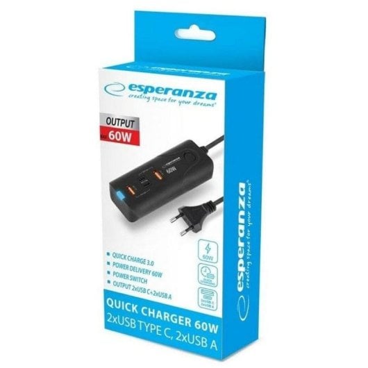 Esperanza EZC109 Cargador 60W Carga Rápida 3.0 2xUSB-C + 2x USB-A Negro