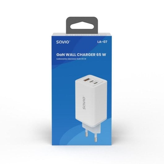 Carregador de Parede Savio LA-07 GaN 65W USB-A 2x USB-C Branco