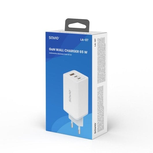Carregador de Parede Savio LA-07 GaN 65W USB-A 2x USB-C Branco
