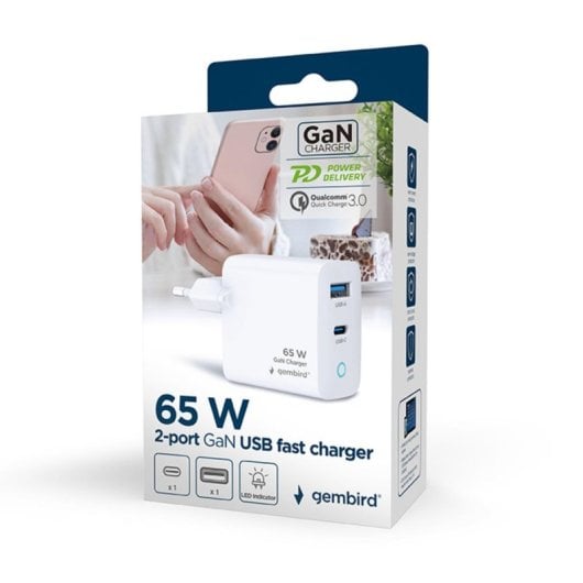Carregador Gembird TA-UC-PDQC65L-W-01 65W GaN USB-C USB-A Branco Carga Rápida