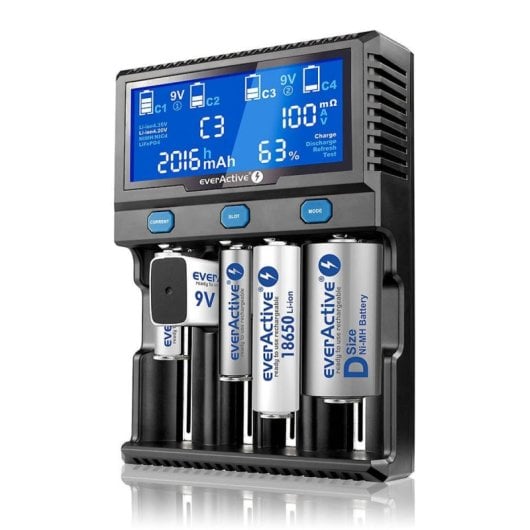 Carregador Universal Everactive UC-4200 para Pilhas AA AAA C SC 9V 21 slots Ecrã
