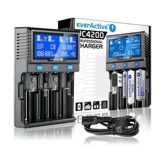 Carregador Universal Everactive UC-4200 para Pilhas AA AAA C SC 9V 21 slots Ecrã
