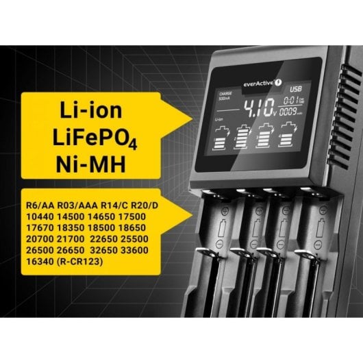 Carregador Everactive UC-4000 Multi-químico 12V 3A Ecrã AA AAA Preto
