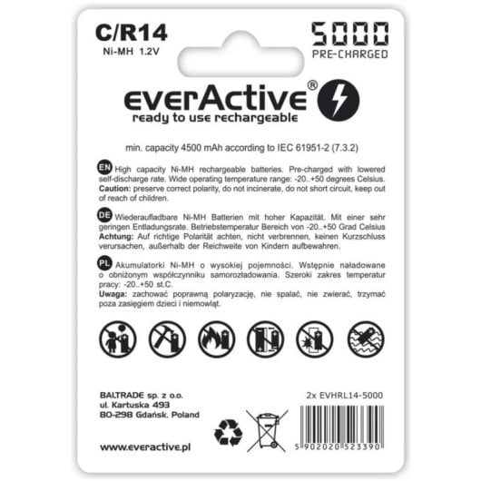 Bateria recarregável Everactive EVHRL14-5000 1,2 V 5000 mAh NiMH 2 unidades