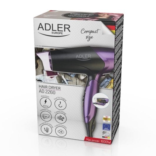 Asciugacapelli Adler AD 2260 1600W Nero Viola Compatto Manico Pieghevole
