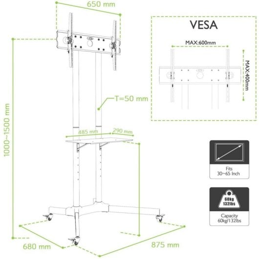 Support TV Roline Techly ICA-TR6 30 à 65 pouces inclinaison réglable 60 kg Noir