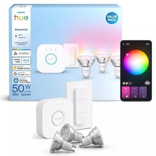 Hue Essentials Kit x3 Lâmpadas inteligentes GU10+bridge+comando 345lúmens RGB Compatível com Alexa