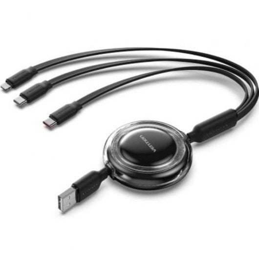 Cable USB retráctil Vention TRJBBE 3 en 1 1,1 m 17,5W Negro