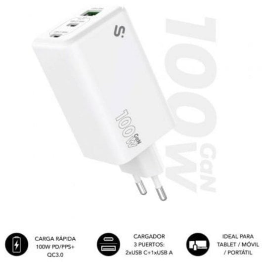 Cargador Subblim SUBCHG-6G1003 GaN 100W USB-C+C+A Compacto Universal Blanco