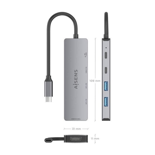 Dock USB-C Aisens ASUC-5P028-GR 1xHDMI 4K 2xUSB-A 2xUSB-C 100W PD Gris