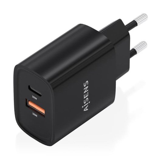 Cargador GaN Aisens A110-0953 30W 1xUSB-C PD3.0 QC4.0 1xUSB-A QC3.0 Negro