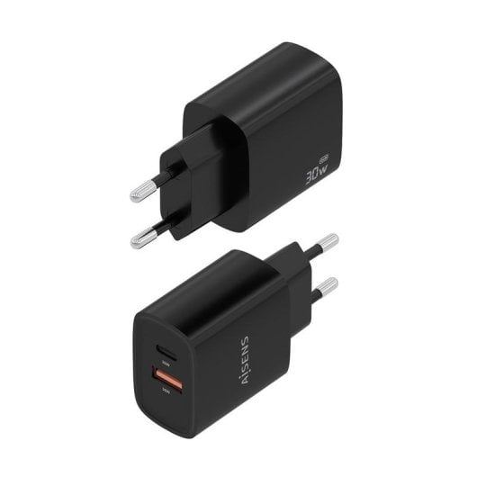 Cargador GaN Aisens A110-0953 30W 1xUSB-C PD3.0 QC4.0 1xUSB-A QC3.0 Negro