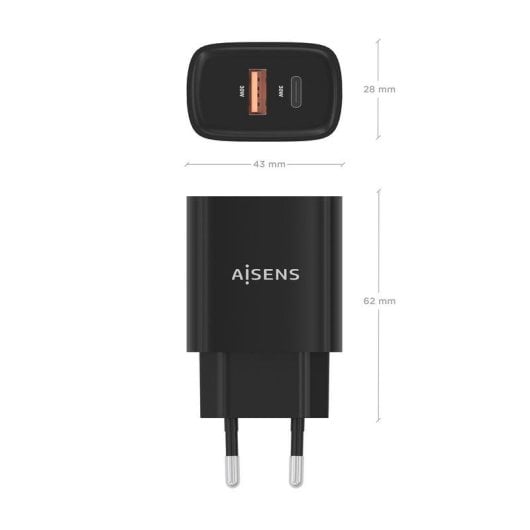 Cargador GaN Aisens A110-0953 30W 1xUSB-C PD3.0 QC4.0 1xUSB-A QC3.0 Negro