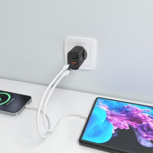 Cargador GaN Aisens A110-0953 30W 1xUSB-C PD3.0 QC4.0 1xUSB-A QC3.0 Negro
