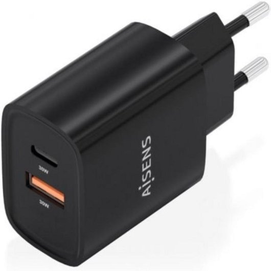 Cargador GaN Aisens A110-0953 30W 1xUSB-C PD3.0 QC4.0 1xUSB-A QC3.0 Negro