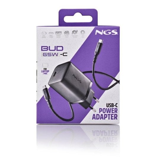 Carregador NGS Bud 65W-C USB-C GaN com Cabo 1,5 m Carregamento Rápido Preto