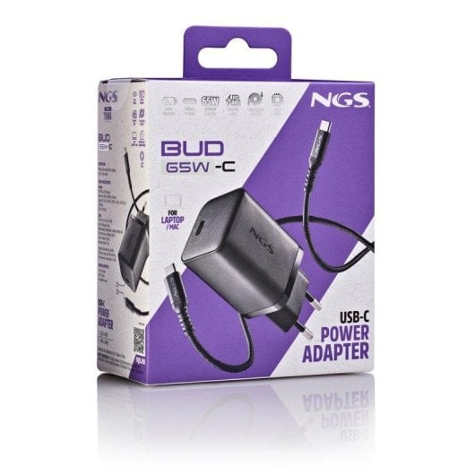Carregador NGS Bud 65W-C USB-C GaN com Cabo 1,5 m Carregamento Rápido Preto
