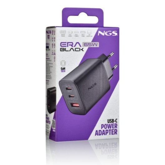 Carregador NGS ERA 65W BLACK GaN 2xUSB-C 1xUSB-A Carga Rápida