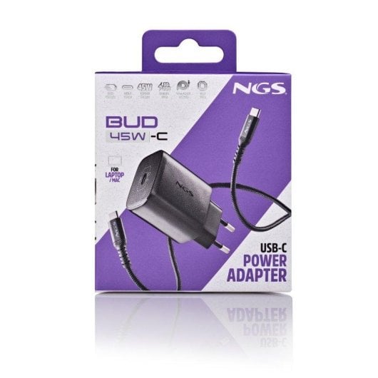 Carregador NGS Bud 45W-C GaN USB-C PD PPS Cabo 1,5 m Preto