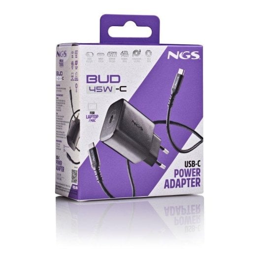 Carregador NGS Bud 45W-C GaN USB-C PD PPS Cabo 1,5 m Preto