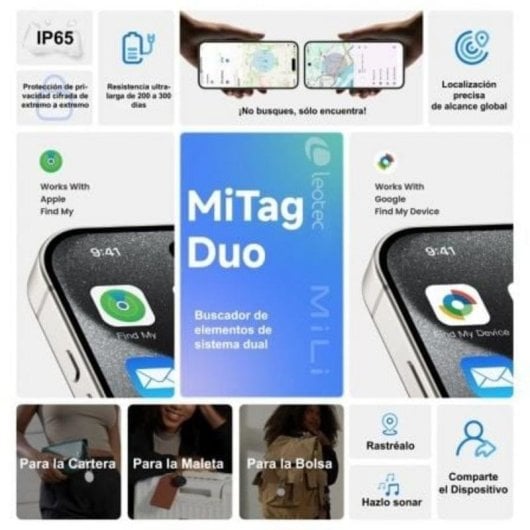 Localizador Leotec EasyTag Duo Bluetooth Dual iOS Android IP65 Negro con Llavero