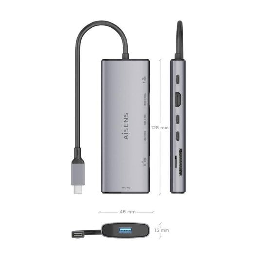 Dock USB-C Aisens ASUC-7P031-GR 7-en-1 Aluminio 4K 10Gbps Gris 20cm