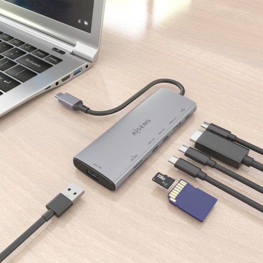 Dock USB-C Aisens ASUC-7P031-GR 7-en-1 Aluminio 4K 10Gbps Gris 20cm