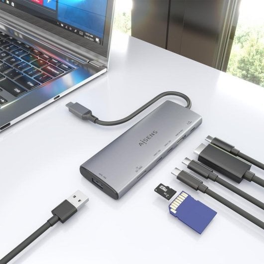 Dock USB-C Aisens ASUC-7P031-GR 7-en-1 Aluminio 4K 10Gbps Gris 20cm