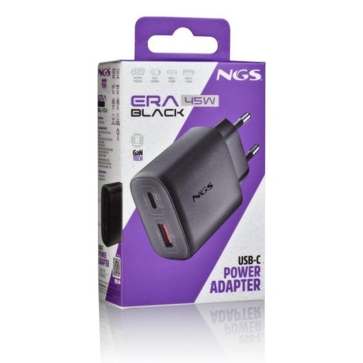 Cargador NGS ERA 45W Black GaN USB-C USB-A Carga Rápida Universal