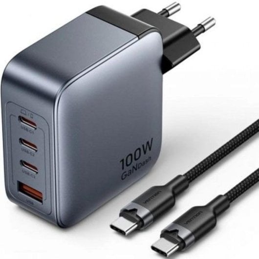 Carregador GaN Vention TZ-FETH0-EU 100W 3xUSB-C 1xUSB-A Cabo 1m Cinzento