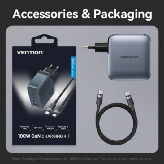 Cargador de Pared GaN Vention TZ-FETH0-EU 100W 3xUSB-C 1xUSB-A Cable 1m Gris